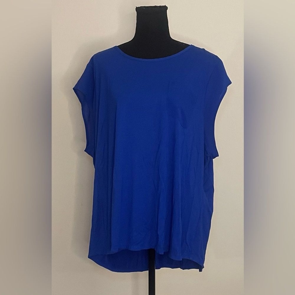 Calvin Klein Womens 3X Royal Blue Mixed Media Short Sleeve Pocket Top Blouse - Picture 2 of 8
